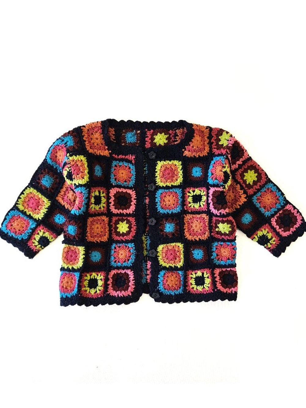 Vintage Crochet Cardigan Handmade Colorful Granny Square Sweater Jacket Kids 2T